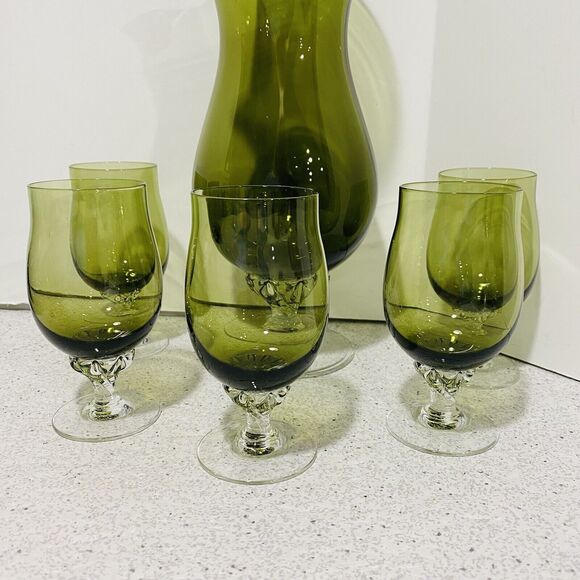 VTG Sasaki Cocktail Set Olive Green Art Glass Pitcher Decanter & 5 Wine Glasses - Picture 5 of 10
